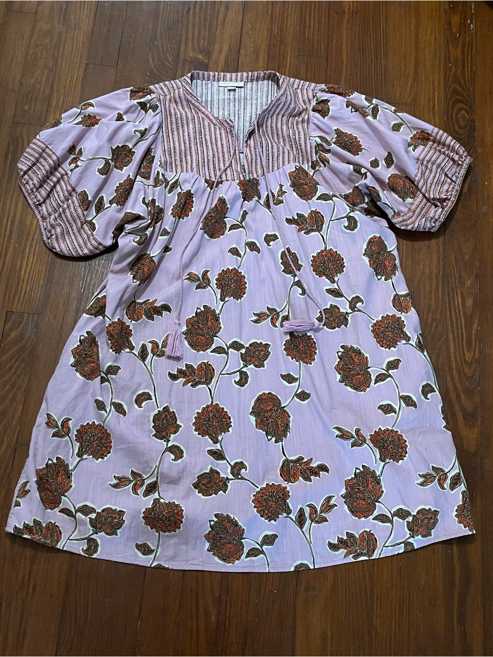 Women’s Knox Rose Lavender Rust Floral Tassel-Front Dress with Puffy Sleeves XL